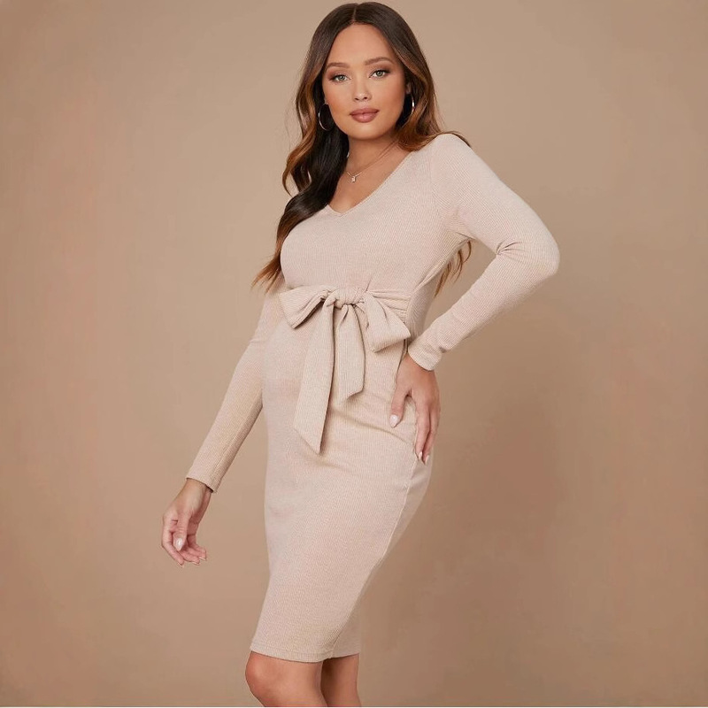 Pregnant Women dress European and American V-neck Long Sleeve Knitted Cross-border Foreign Trade Fashion Tight Short V-neck Pregnant Women Dress Pregnant Women dress European and American V-neck Long Sleeve Knitted Cross-border Foreign Trade Fashion Tight Short V-neck Pregnant Women Dress