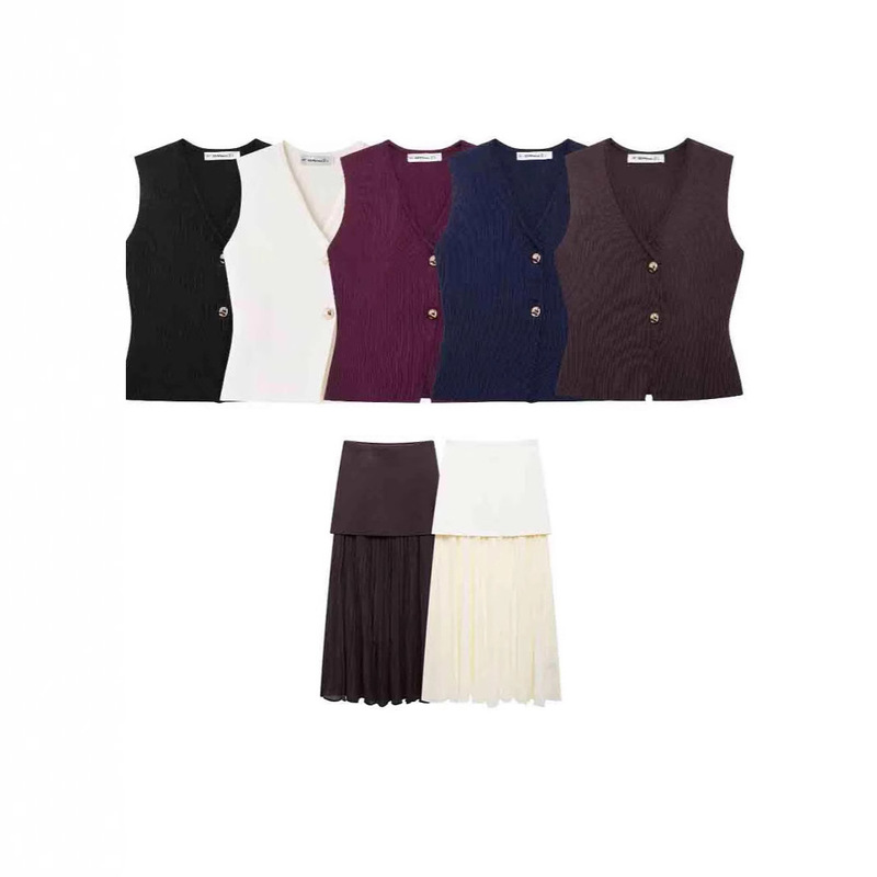Zatrax-2024 Women's Foreign Trade Wholesale ZR in stock Knitted Vest Small Pleated Stitching Skirt suit