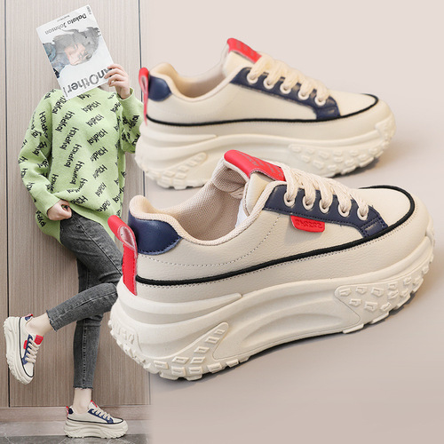 K6710 Plaid Father's Shoes with Thick Sole, Heeled Leather Surface, Sporty Women's Shoes, Fashion Student Edition, Korean Style, Trendy