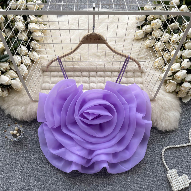 Cross-Border Resort Style Organza Stereo Flower Camisole Summer New Style Chic Versatile Short Top Cross-Border Resort Style Organza Stereo Flower Camisole Summer New Style Chic Versatile Short Top
