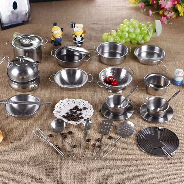 Children's Stainless Steel Kitchenware Baby Cooking and Cooking Doll's Girl's Play Kitchen Toy Set