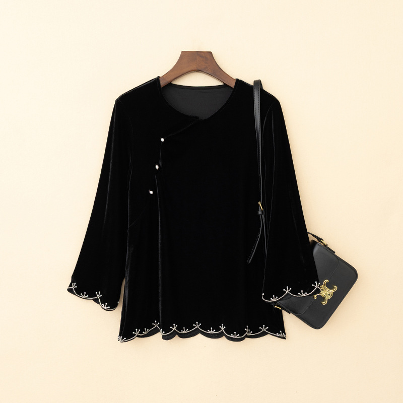 New Chinese Style Lace Splicing Gold Velvet Top Embroidered Lace Cut Out Design Shirt Women's Large Size Bottoming Shirt