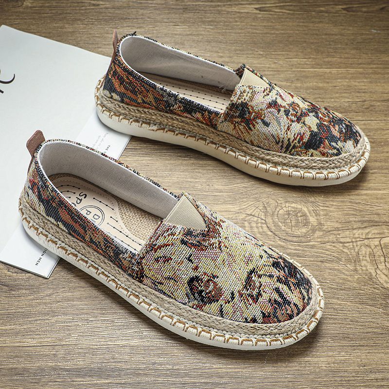 Canvas Men's Shoes Summer New Non-Slip Lazy Slip-On Old Beijing Cloth Shoes Men's Straw Fisherman Sneakers Trendy Shoes