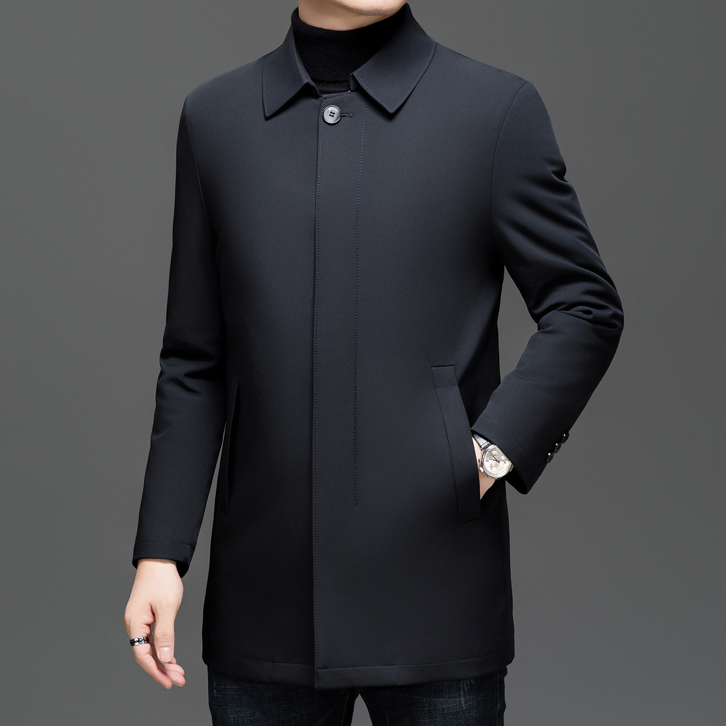 2025冬季鹅绒内胆羽绒服男中长款高端商务翻领加厚羽绒风衣外套男