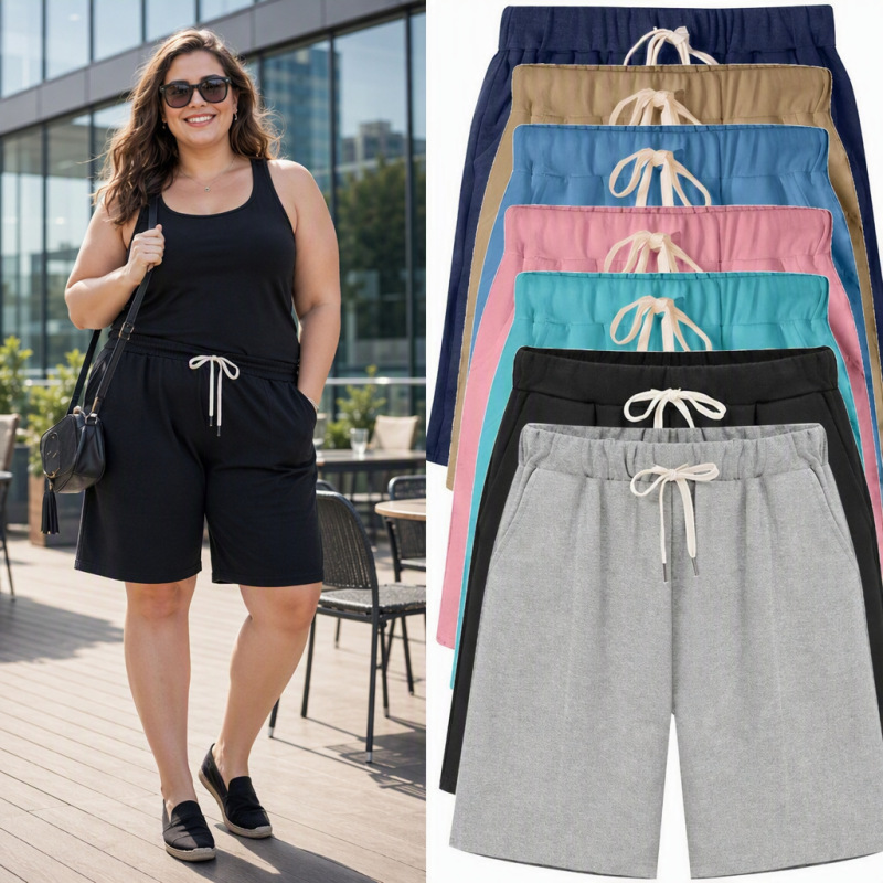 European and American Plus-Size Cotton Shorts for Women, Summer High-Waisted Thin Loose Sports Casual Pants, Slimming Straight-Leg Mid-Length Pants for Women European and American Plus-Size Cotton Shorts for Women, Summer High-Waisted Thin Loose Sports Casual Pants, Slimming Straight-Leg Mid-Length Pants for Women