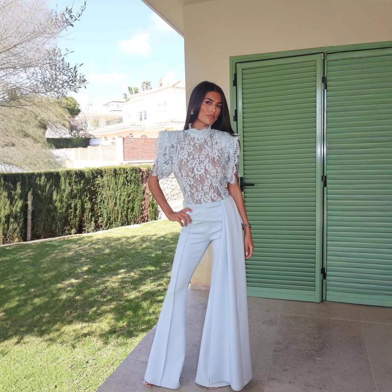 Gy27052 Fashionable Half-High Collar Lace Top and Pants Set 2023 New Product on Aliexpress and Amazon Gy27052 Fashionable Half-High Collar Lace Top and Pants Set 2023 New Product on Aliexpress and Amazon