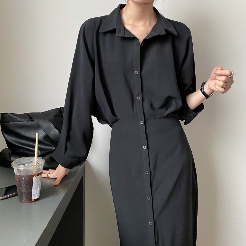 385g Weight Long Sleeve Sleeve Length A- Line Skirt Dresses Type Regular Sleeve Sleeve Type Polyester, Polyester Fabric Type Cardigan, Shirt Collar Neckline Regular Fit Fit Type Solid Color Pattern New Style, Japanese and New Leisure Style Elegant French Waist Cinching Slimming Fairy Tale Style Long Dress Goddess Look Loose Fit One Piece Pure Color Polyester Dress 无