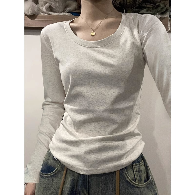 White Flower Gray U-Neck Right Shoulder Long-Sleeved T-Shirt for Women in Autumn and Winter Pure Cotton Plus Thin Velvet Inner Low-Neck Universal Bottoming Shirt Top