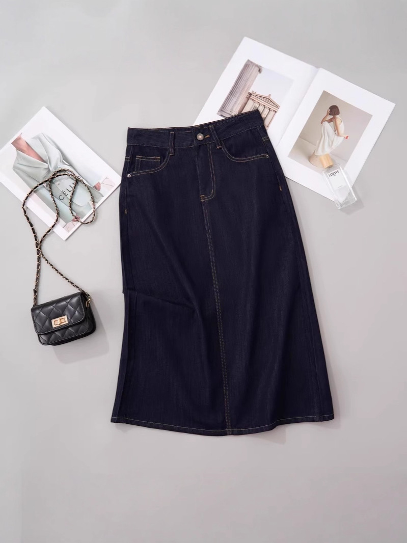 Chân váy denim chữ A Lycell mỏng mùa hè, dáng dài vừa, xẻ tà, rộng rãi tôn dáng — Xanh denim