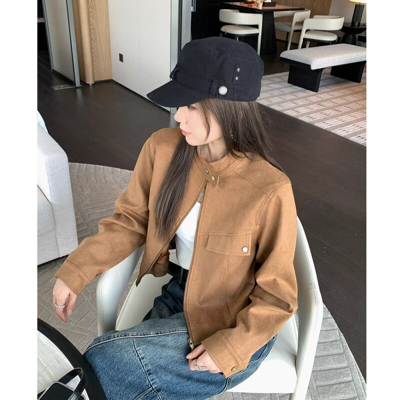 Maillard Style Brown Suede Jacket for Women 2025 New Autum Small Stand-Up Collar Short Motorcycle Leather Jacket