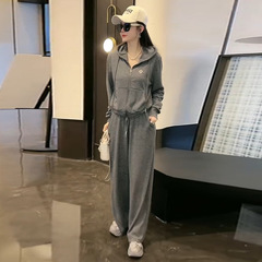 休闲运动服套装女士2025春秋时尚条纹显瘦减龄连帽卫衣长裤两件套