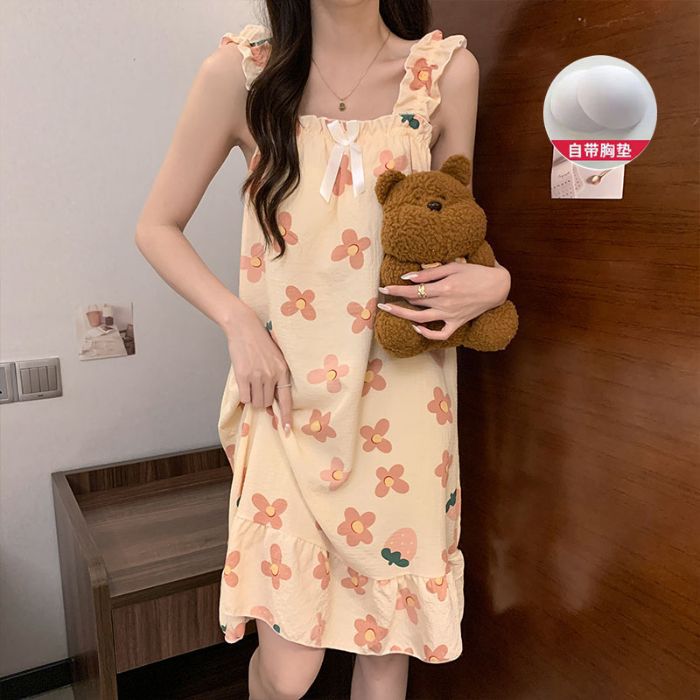 Venta al por mayor transfronteriza nuevo estilo verano honda almohadilla para el pecho pijama mujer lindo dulce y cómodo paño arrugado burbuja camisón de longitud media