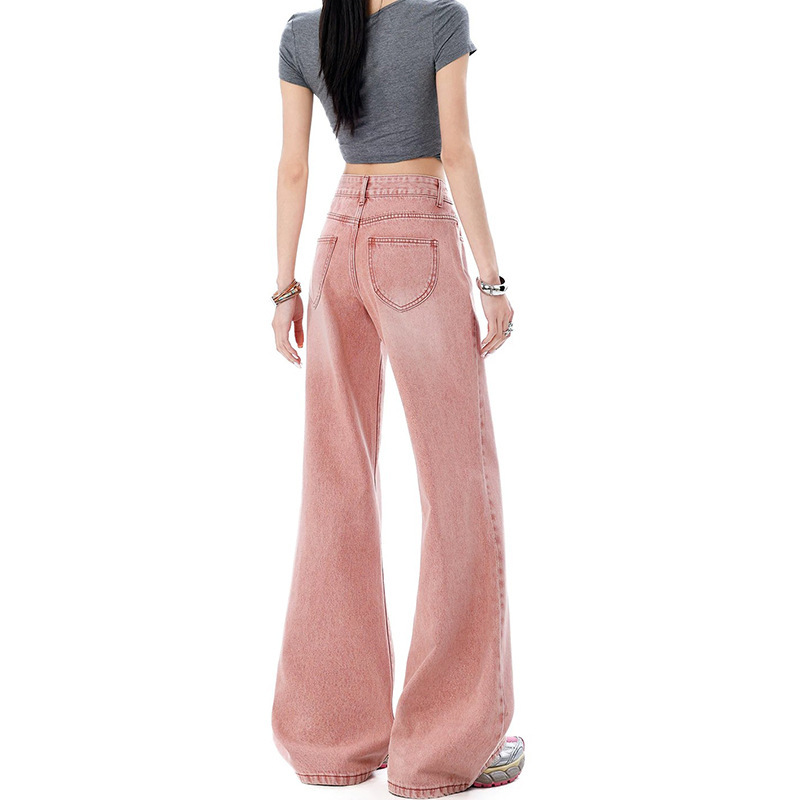 Asian High Street Wasteland Style Matte Pink Flared Jeans for Women, New Summer Low-Waist Loose Flared Floor-Length Pants