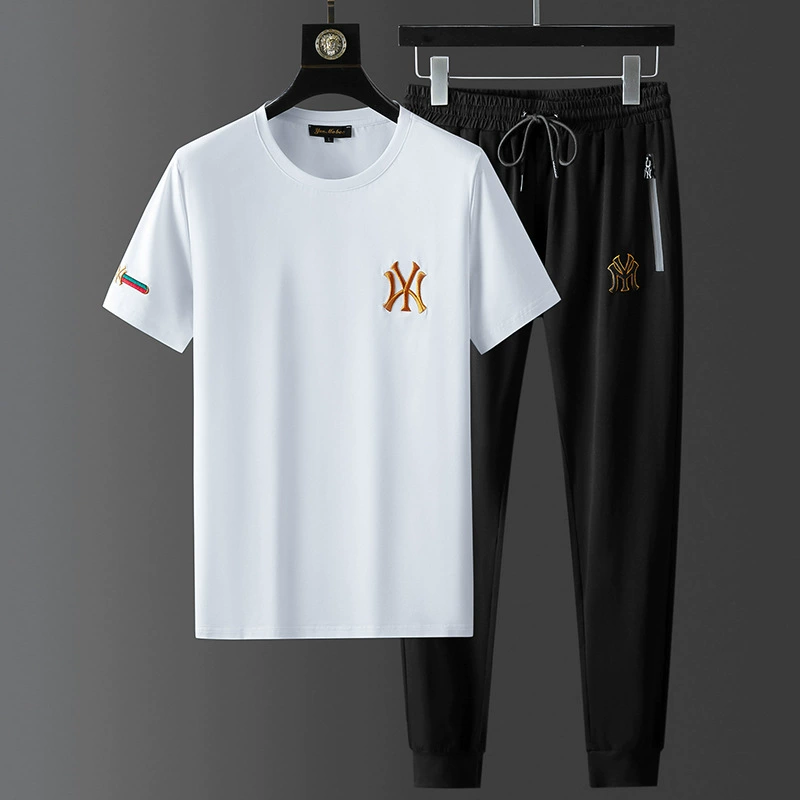 Европейская станция, роскошные стильные мужские летние костюмы для спорта и отдыха, мужские тонкие модные брендовые комплекты из двух предметов с короткими рукавами и вышивкой