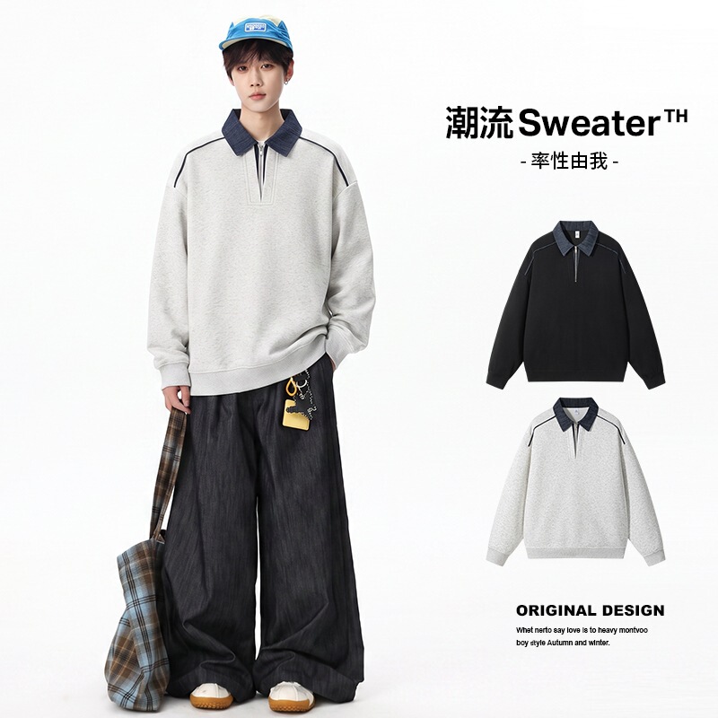 Fake two-piece color-block half-zip sweatshirt for women, autumn loose-fit college style top, polo shirt with a collar