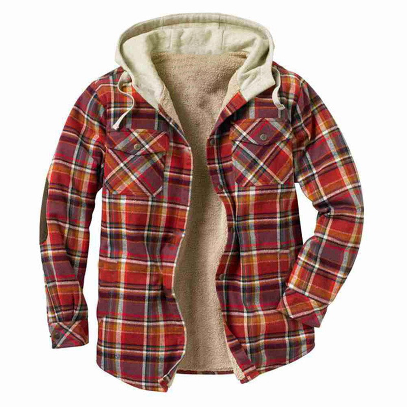 2024 Herren Herbst/Winter Kariertes Bedrucktes Kapuzenhemd mit Dicker Samtjacke_voghion.com