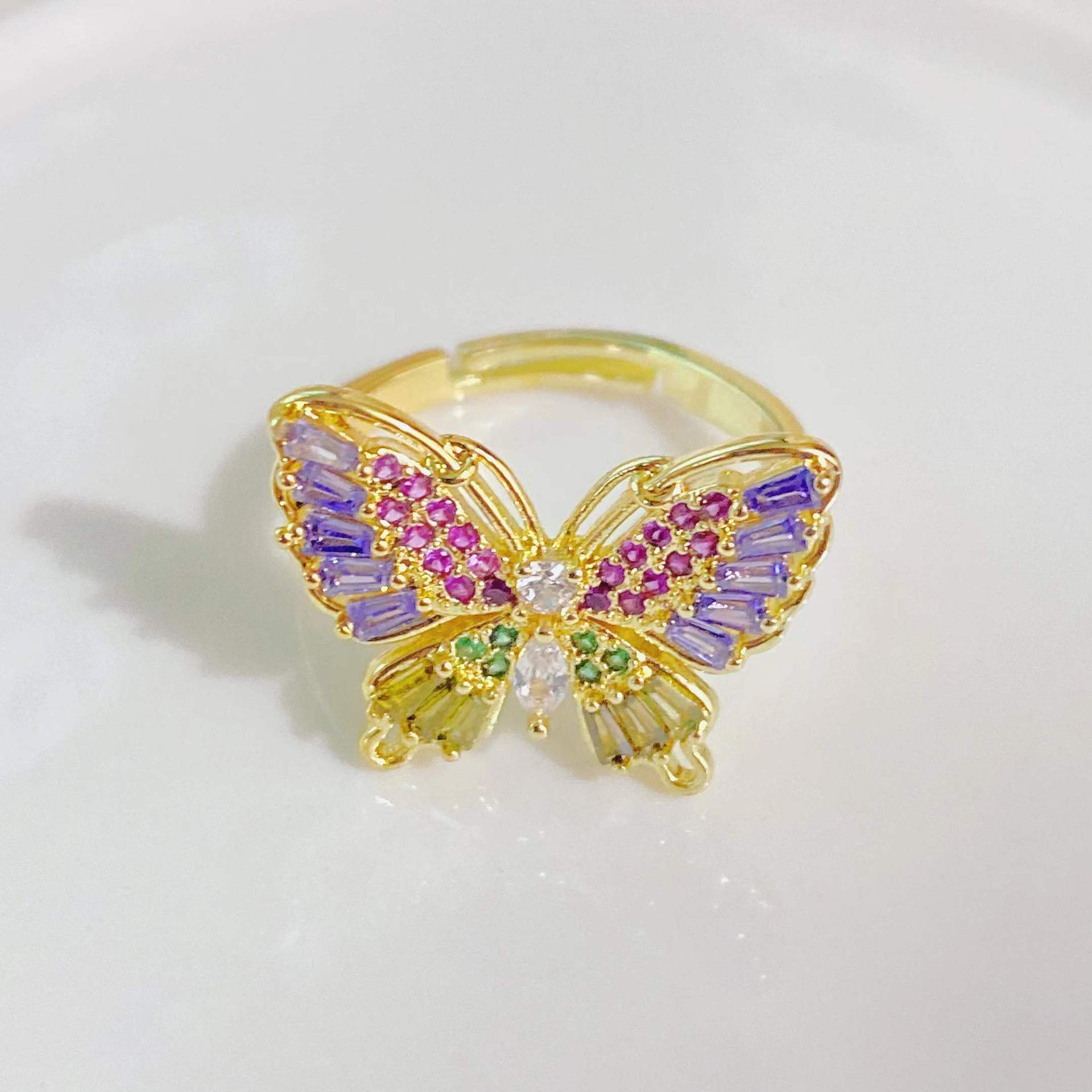 European and American fashion trend ring 18k gold plated zircon butterfly open female ring