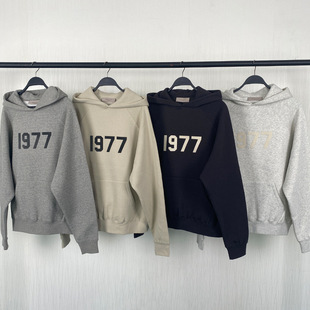 1977 Flocked Hooded Sweatshirt Essentials Fleece-Lined Trendy Brand Hoodie Cross-Border Hot Sale