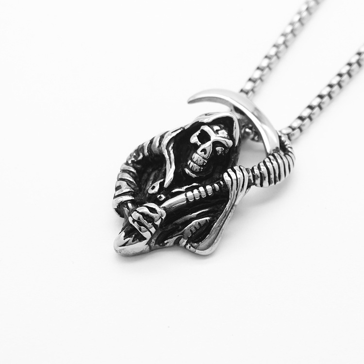 Gothic Grim Reaper Scythe Skull Pendant Necklace For Men Titanium_voghion.com
