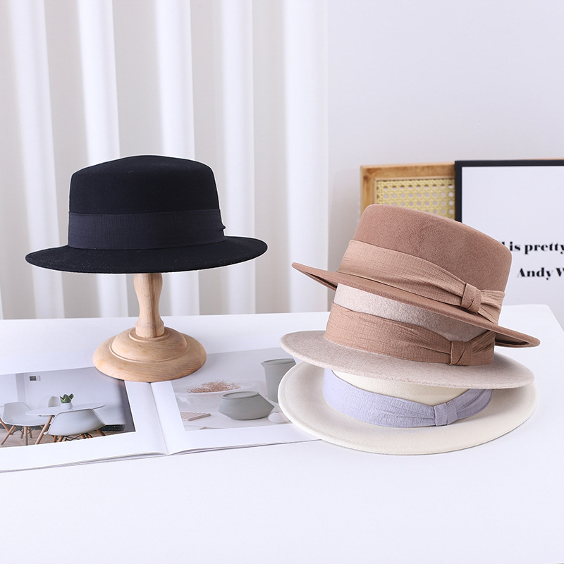 Autumn and winter British retro flat top hat white top hat women…
