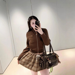 miu系字母刺绣针织开衫24FW早秋新款立领拉链针织外套上衣女