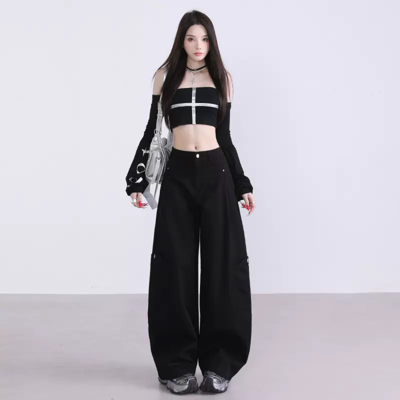 美式黑白色弯刀裤新款镰刀休闲裤女秋季显瘦百搭宽松阔腿裤长裤子