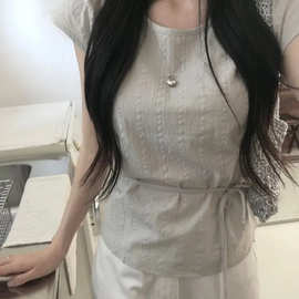 韩系修身圆领系带衬衫小众设计感气质女士上衣夏季优雅高级感衬衣
