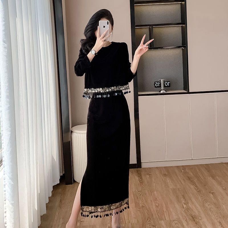 秋冬新款感丝绒时尚两件套气质亮片拼接流苏上衣半身裙套装女|undefined