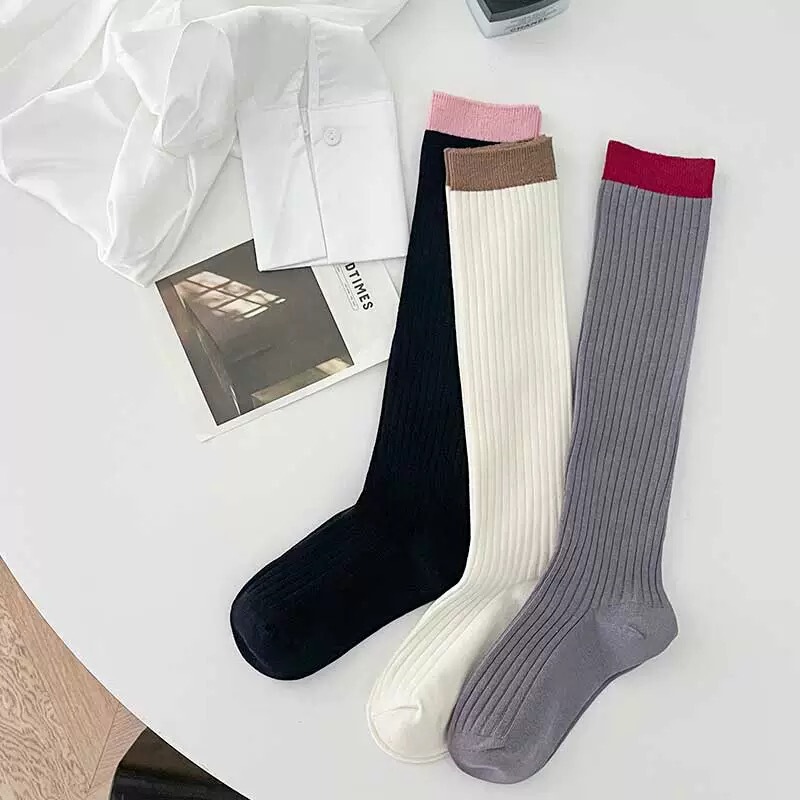Spliced Two-Color Gray Jk Style Double-Needle Contrasting Ins Sweet Knee-High Calf Socks Pile Socks British Preppy Style