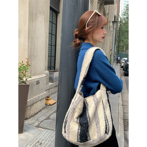 Double layer model!  Autumn and winter new Korean ins style imitation lamb plush bag large capacity shoulder bag leopard print tote bag