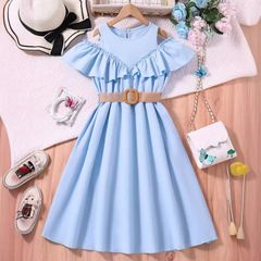 女童連衣裙2024夏季跨境花邊露肩公主裙8-12歲大童荷葉邊歐美童裝