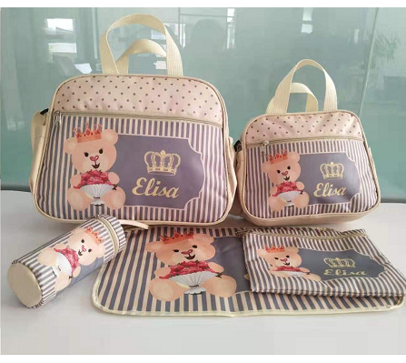 lovely Little Bear printing Mummy Bag multi-function capacity One shoulder Messenger knapsack Mother-Baby Pack Mom's bag 5 Set of parts