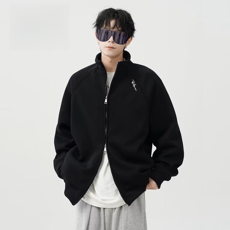 American Retro Cardigan Sweatshirt for Men, Boxy Fit, Stand-Up Collar, Zip-Up Jacket, Autumn and Winter Oversized Casual Jacket American Retro Cardigan Sweatshirt for Men, Boxy Fit, Stand-Up Collar, Zip-Up Jacket, Autumn and Winter Oversized Casual Jacket