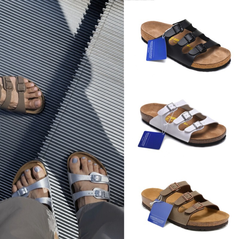 Cross-Border Trade Bk Birkenstock Shoes Florida Genuine Leather Cork Slippers Three-Row Buckle Birkenstock Sandals Unisex Flat Shoes