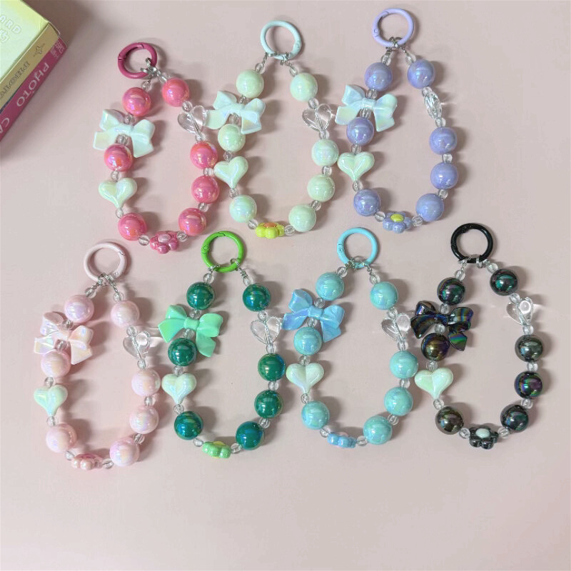Ribbon Flower Bow Heart Ab Beaded Phone Chain Pendant Hanging Chain Girl Keychain Lanyard Chain Factory
