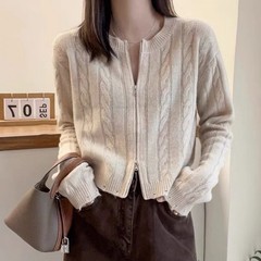 韩版秋冬麻花设计感拉链针织开衫女上衣新款纯色小众长袖毛衣外套