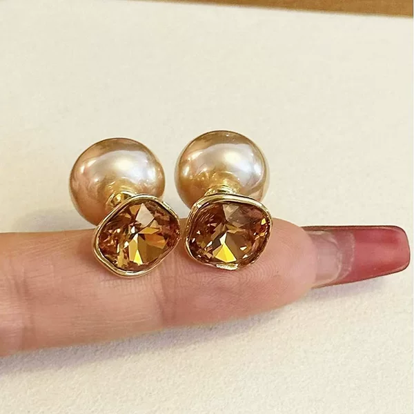 Korean Exquisite Small Fragrance Geometric Square Rhinestone Champagne Pearl Earrings Creative Versatile Two-Wear Ear Jewelry