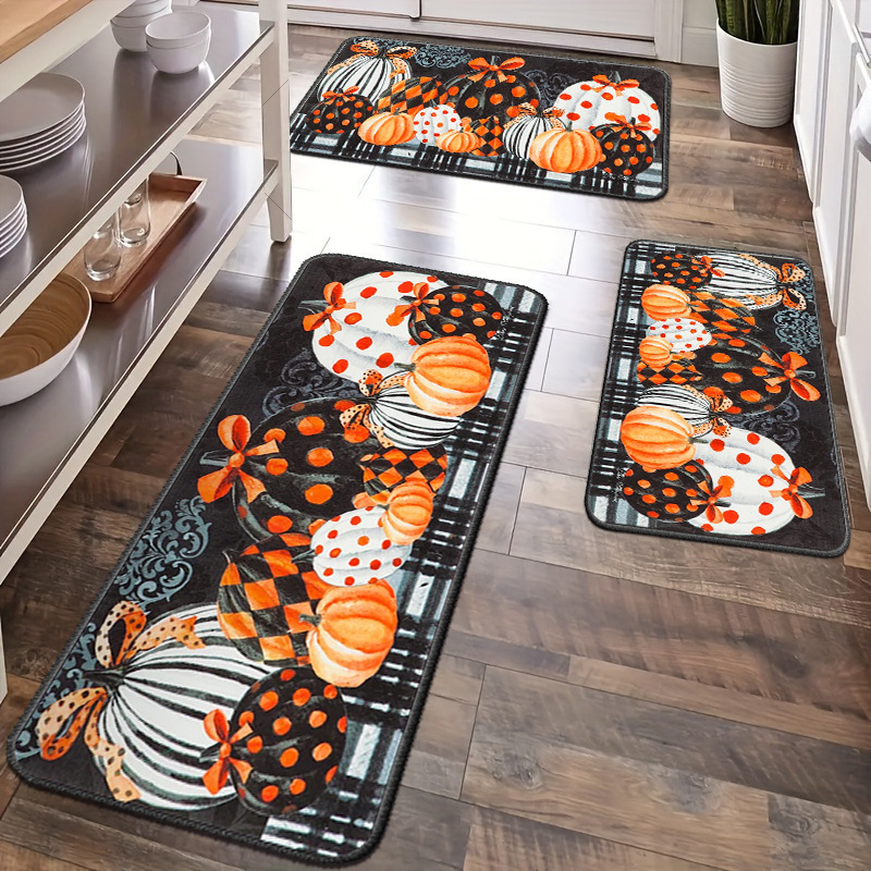 Cross-Border Autumn Pumpkin Kitchen Floor Mat, Water-Absorbing and Oil-Absorbing Mat, Non-Slip Crystal Velvet Foot Mat, Long Strip Two-Piece Set Combination Mat