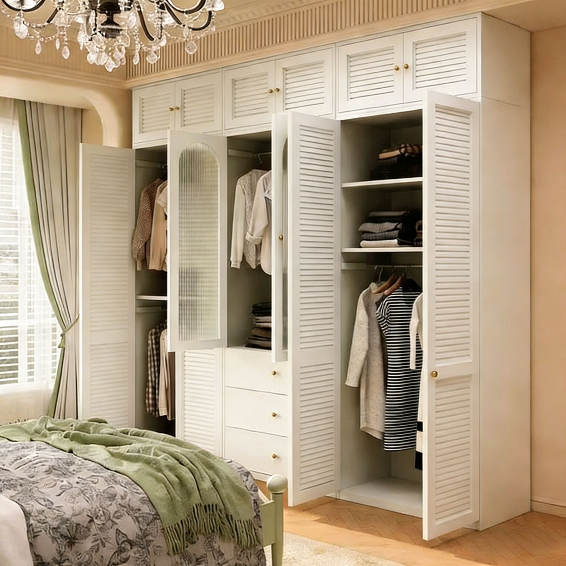 Steel Wardrobe for Home Rental, Simple Walk-In Closet, Retro-Style Bedroom Double-Door Storage Cabinet Combination Wardrobe
