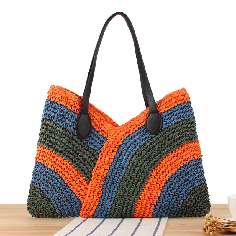 Tote Bag, Colorful Patchwork Summer Beach Handbag, Pure Hand-woven Bag, Simple and Versatile Fashionable Women's Bag._voghion.com