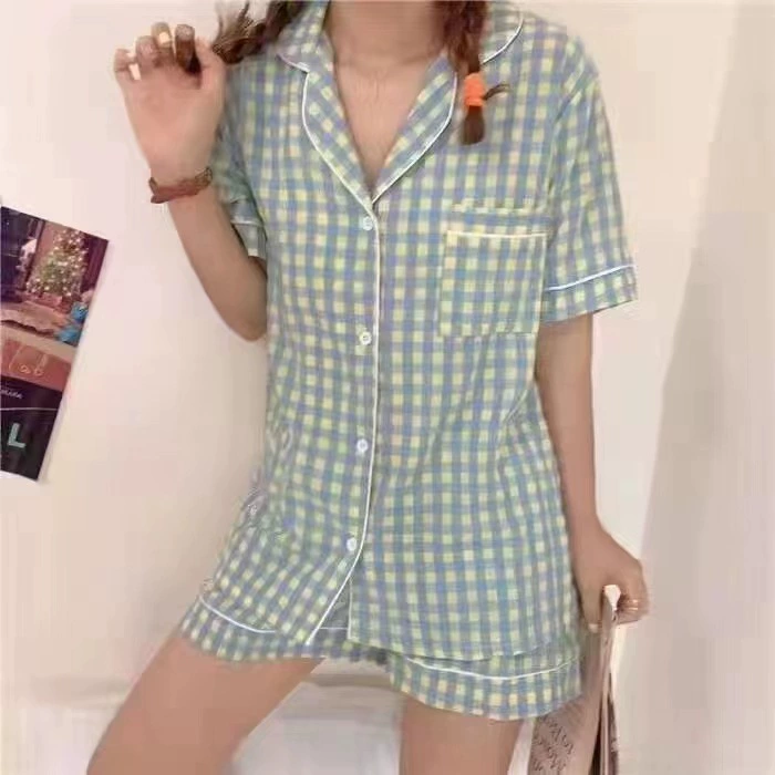 Летняя пижама женская Dongdamen короткий рукав, клетчатая, лёгкая, размеры M–XXL