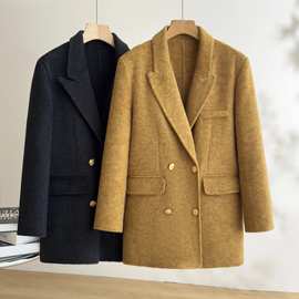 恩迪姜黄色高级感正肩大衣女2025年秋冬款宽松小西装双面毛呢外套