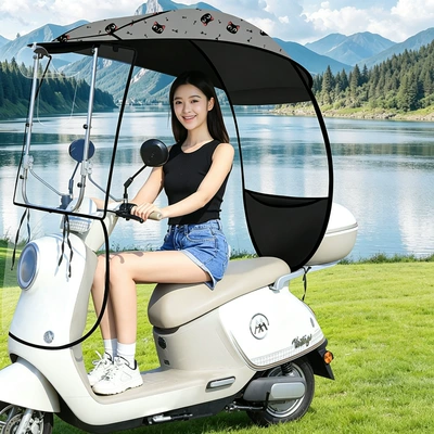 New model of electric vehicle rain canopy, retractable and foldable windproof cover for electric bikes, motorcycle sunshade, rainproof shelter (Elektromobil üçün ön şüşə çətiri (günlük)) - single-layergray-little-black-cat-one-size-fits-all