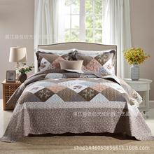 原单出口欧美风格活性磨毛涤棉仿拼块绗缝被床盖跨境热卖款三件套