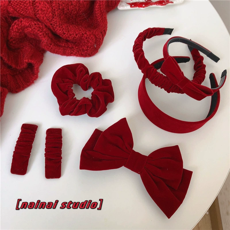 Коллекция красных бархатных аксессуаров для волос Новый год Рождественский обруч для волос Широкая версия ретро складки колбаса BB зажим для волос