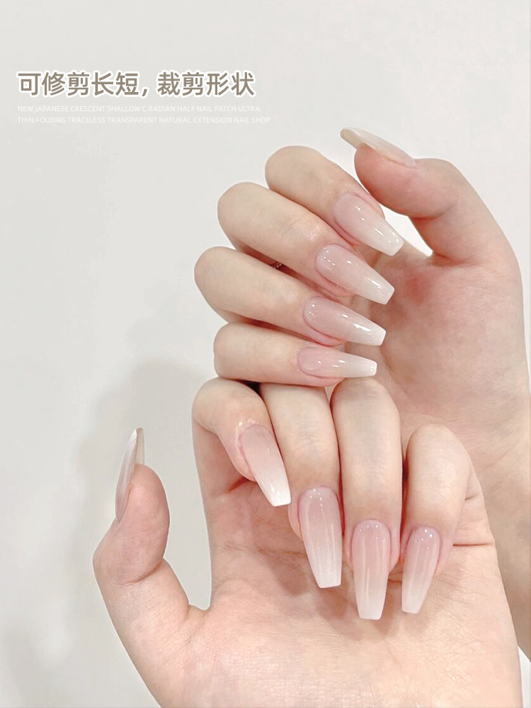 Nuevo estilo japonés c arco francés semi-stick hoja de uñas ultra-delgada extensión transparente especial parche de uñas largo pulido libre