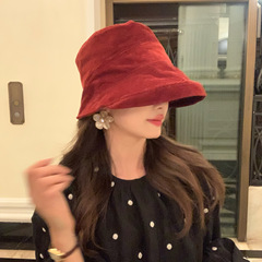 安可拉红灯芯绒渔夫帽女冬韩版复古卷边可折叠防风保暖盆帽显脸小