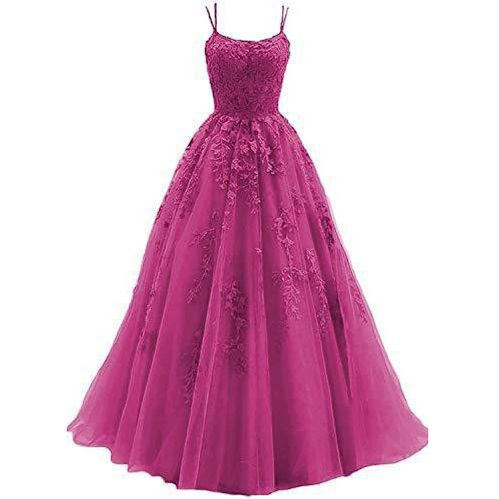 Amazon Comercio exterior espaguetis Correa baile vestido de noche largo tul encaje apliques vestido de fiesta de las mujeres image 11