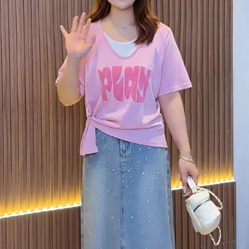 不規則なデザインのラウンドネックトップス、女性用、大きいサイズ、ぽっちゃりさん向け、夏の新作、おしゃれで万能なフェイクツーピース半袖Tシャツ|undefined