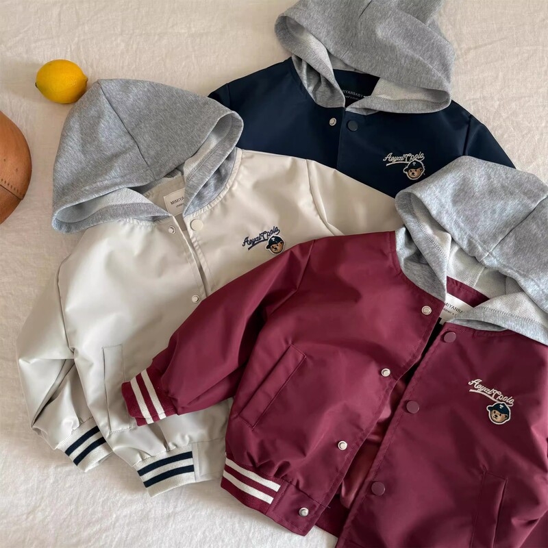 Children's Baseball Jacket Spring and Autumn Boys and Girls Cartoon Embroidery Trendy Brand Hooded Coat Stylish Jacket Toddler Top